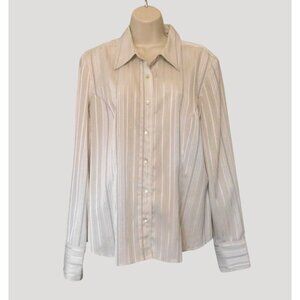 Fred David Stretch Blouse Ladies XL Beige Striped Long Sleeve Button Polyester